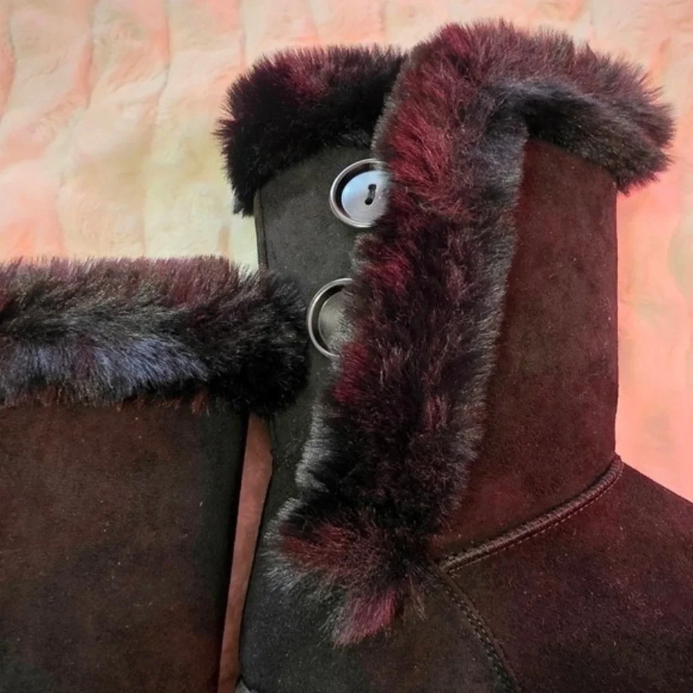 Black Faux Suede Mid-Calf Winter Boots with Faux Fur Trim and Button Detail Cozy